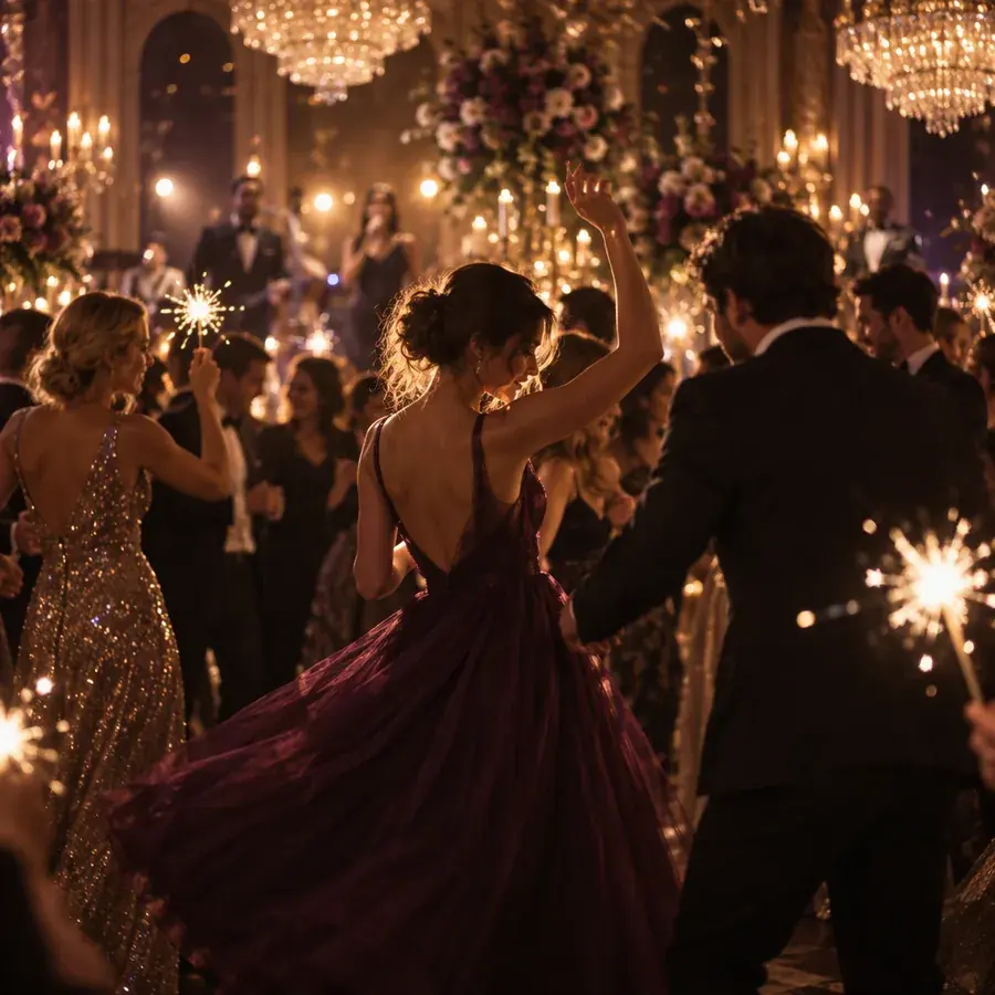 Novios bailando entre luces de bengala en un salón con candelabros