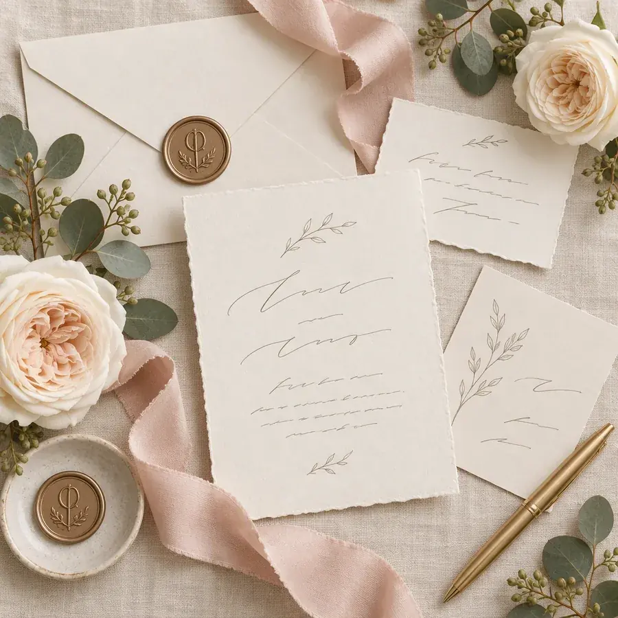 Papelería de boda en marfil y blush con sello de cera, lazo de seda y rosas