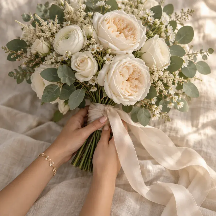 Ramo de novia con peonías blancas, ranúnculos y eucalipto atado con cinta de seda