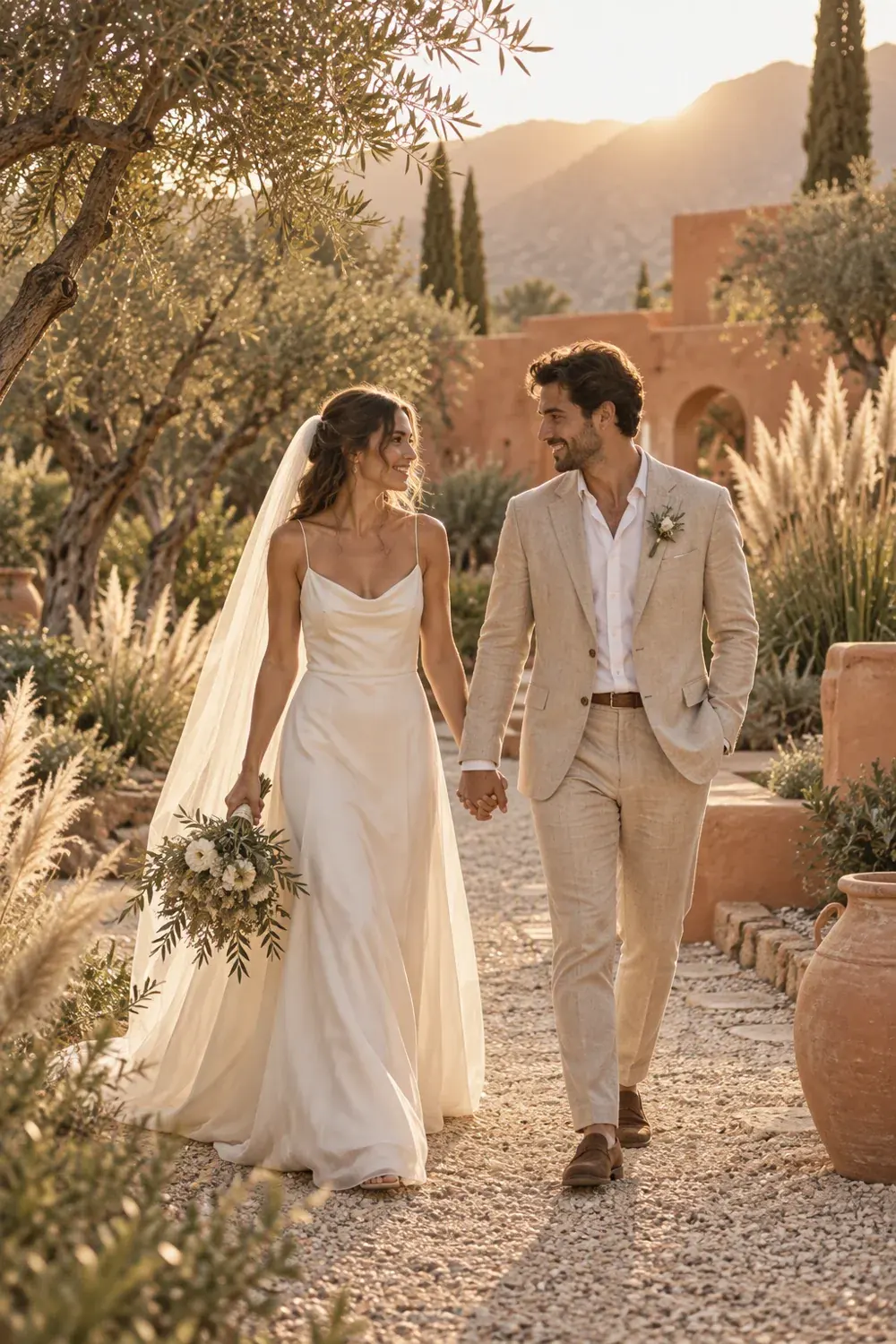 Novios tomados de la mano en un jardín de terracota con olivos y luz de atardecer