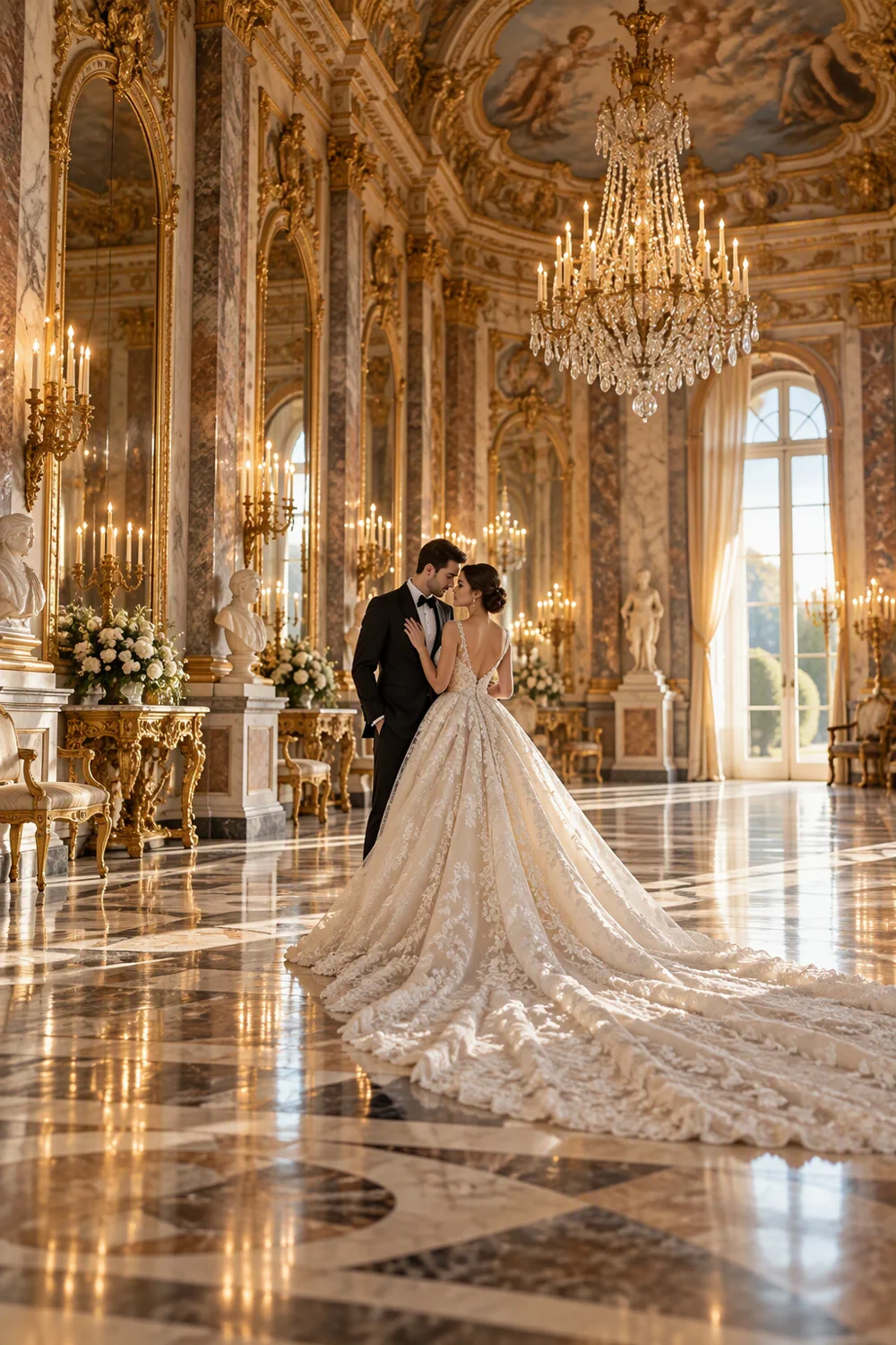 Novios en un salón palaciego con candelabros de cristal, mármol y molduras doradas