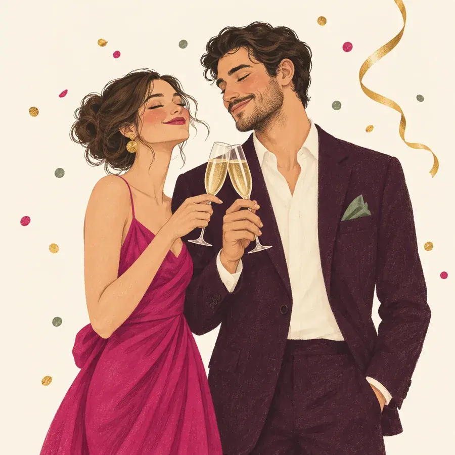 Ilustración de una pareja brindando con copas en la fiesta entre confeti