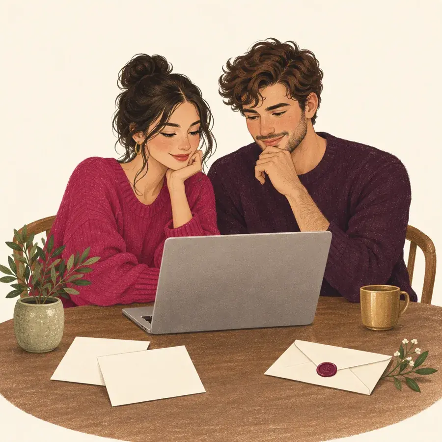 Ilustración de una pareja revisando los detalles de la fiesta en una laptop