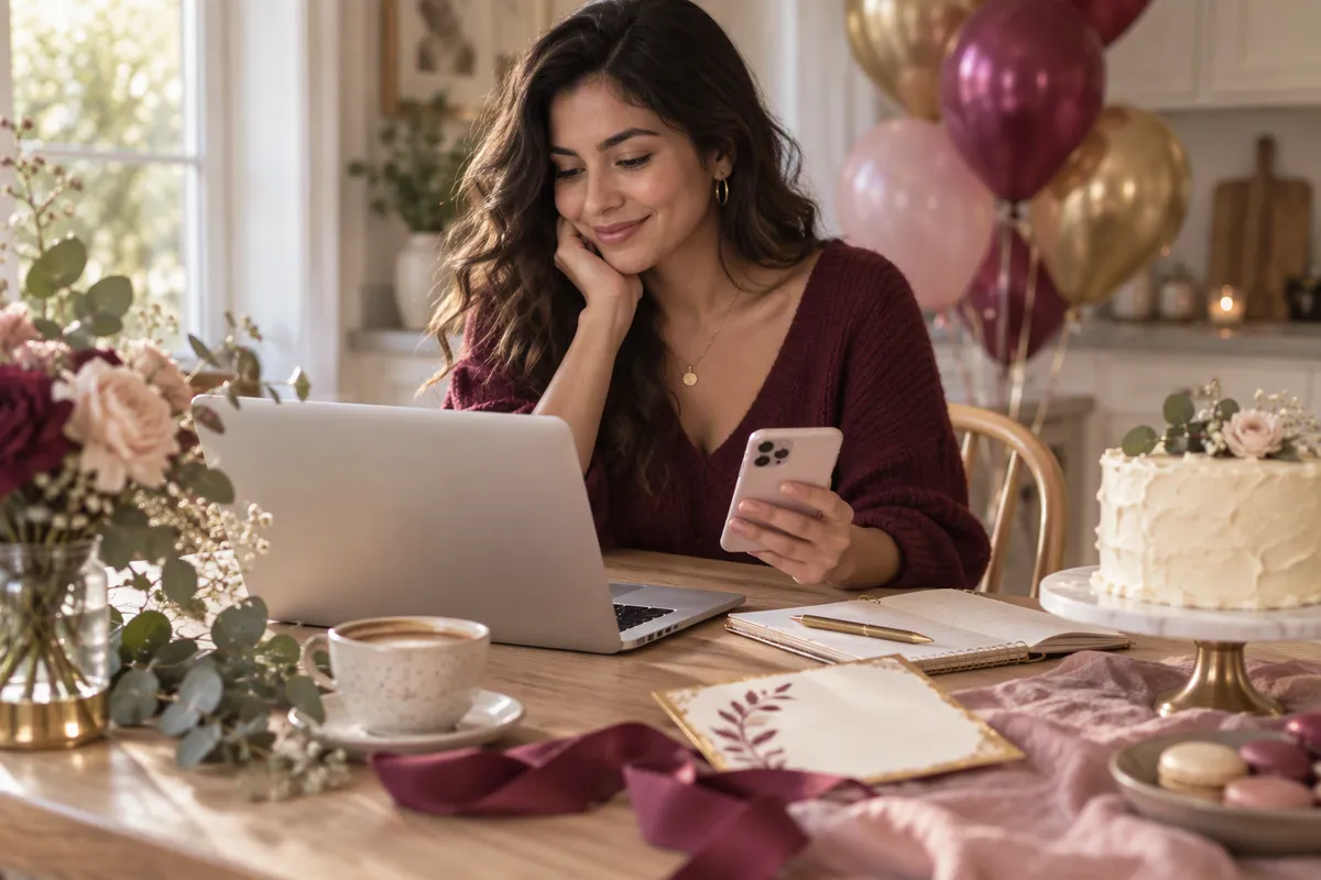 Mujer planeando su fiesta desde una laptop en casa, con la invitación impresa, un café y globos dorados de fondo