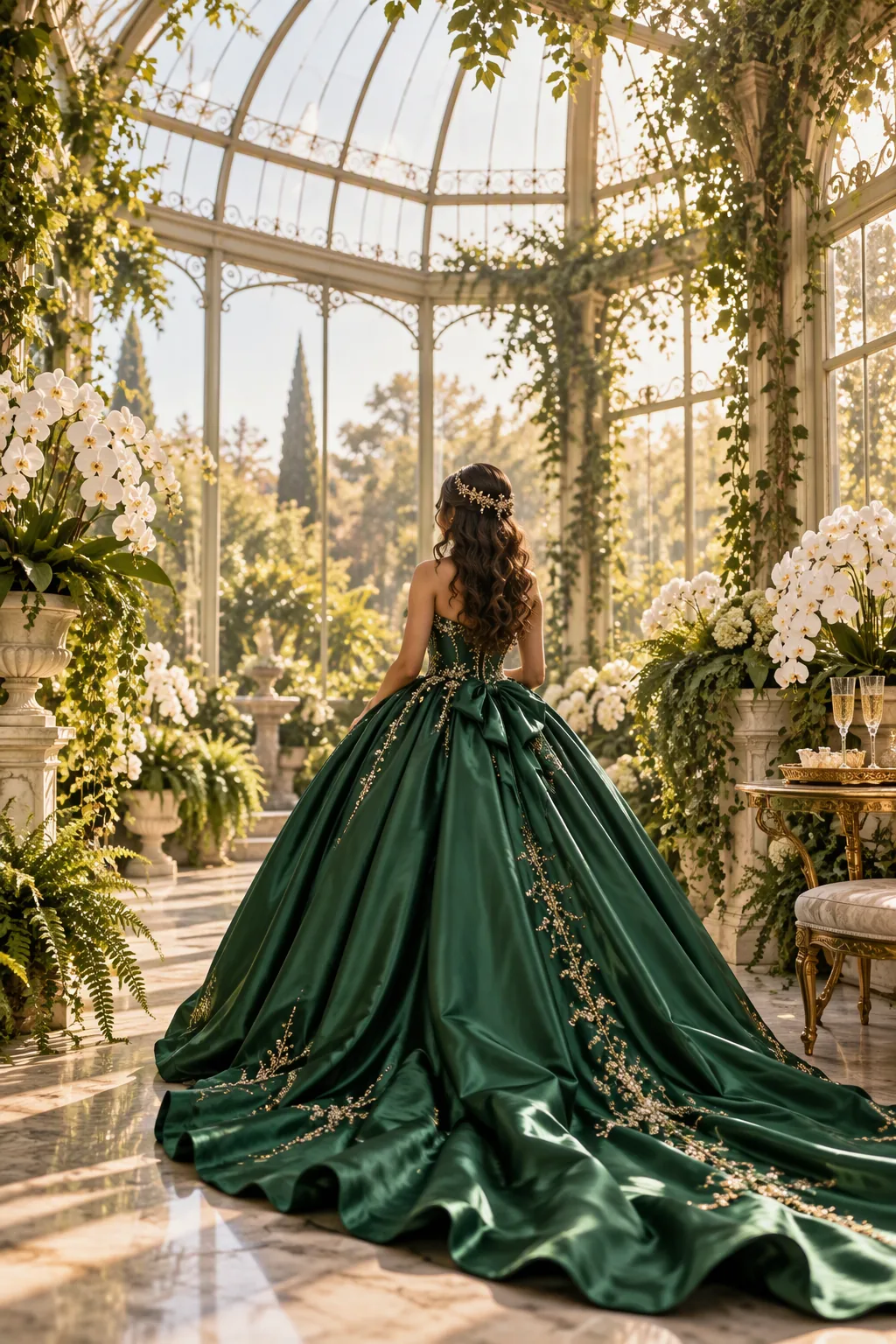 Invitación de XV Deluxe: vestido verde esmeralda en un jardín de cristal con orquídeas