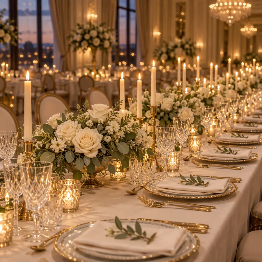 Mesa de gala con velas y rosas blancas