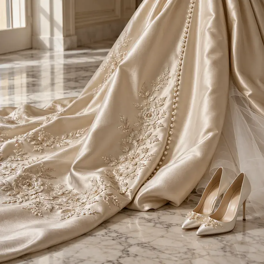Detalle del vestido de gala color champagne