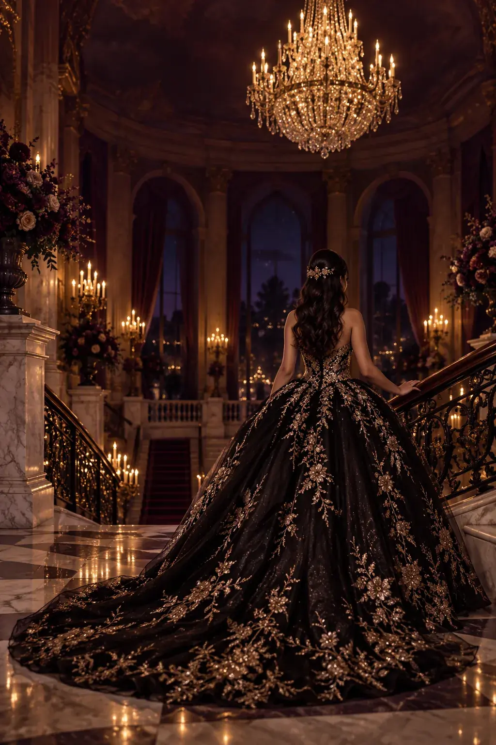 Invitación de XV Premium: vestido negro y dorado en una escalera de mármol