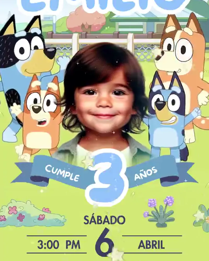 Invitación de Bluey en video con la fecha y el nombre del cumpleañero