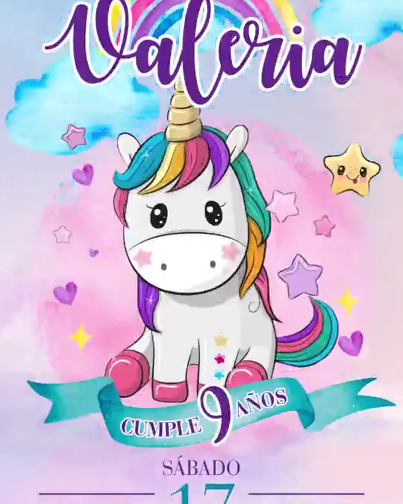 Invitación de unicornio en video para cumpleaños infantil